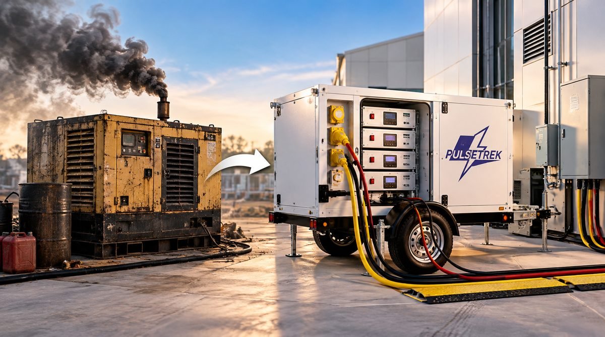 An old smoking diesel generator replaced by a silent PulseTrek battery trailer