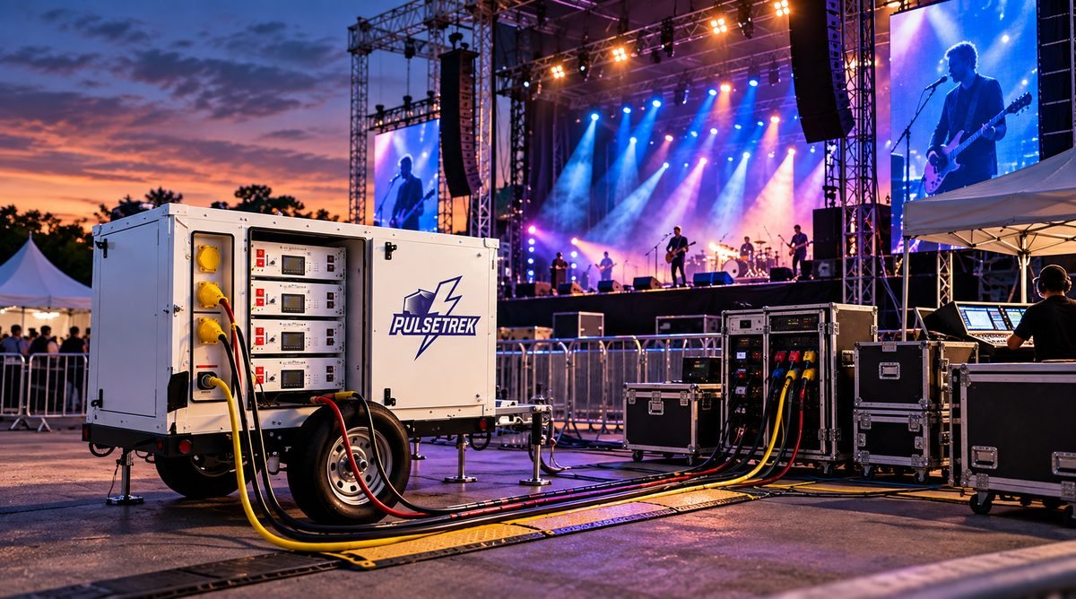 PulseTrek trailer powering a concert stage, lighting rig and front-of-house