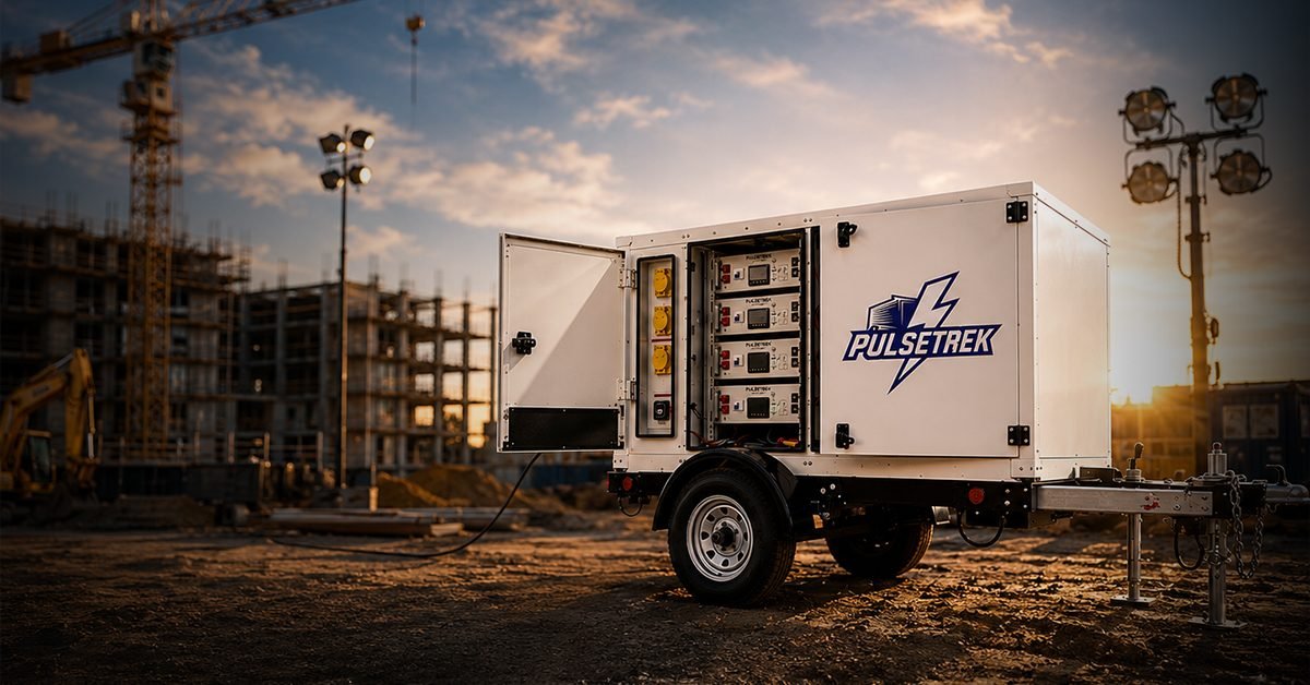 PulseTrek trailer powering tools and lighting on a construction site